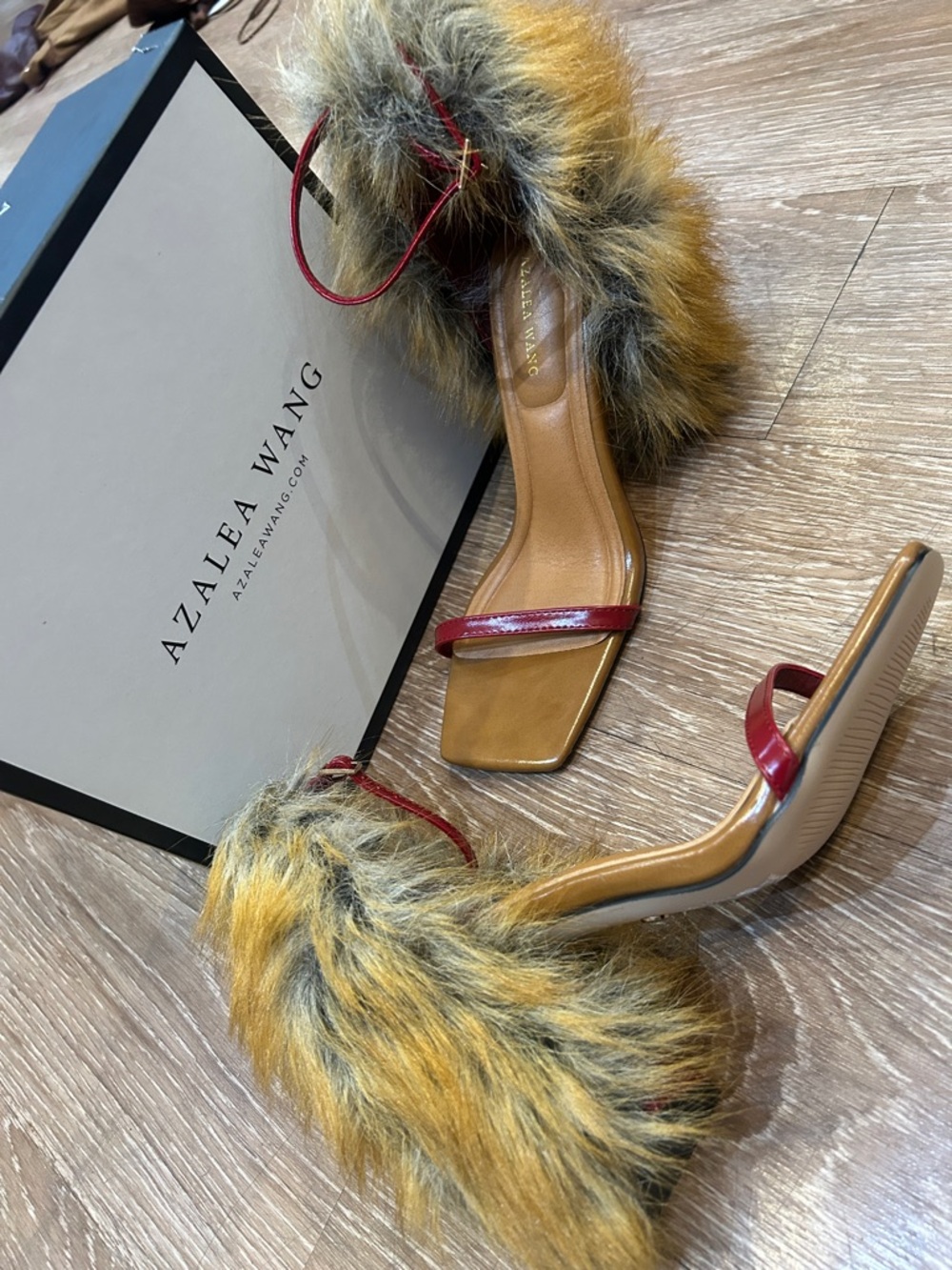 Azalea Wang Red Strap Fur-Trim Heels in Yellow-Gray